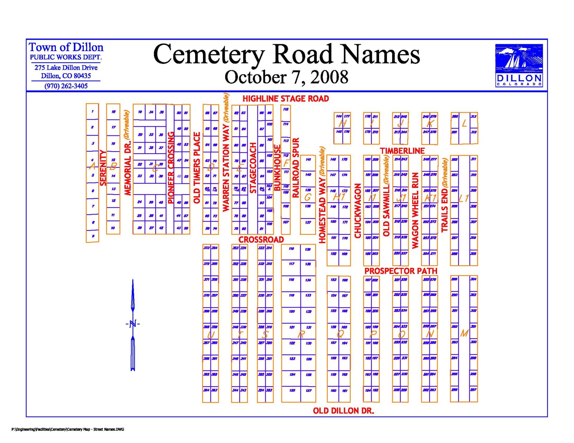 a map of the Dillon Cemetery with street names and plot numbers